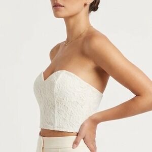 Off White Lace Strapless Bustier Crop Top Sweetheart Zip Back Small